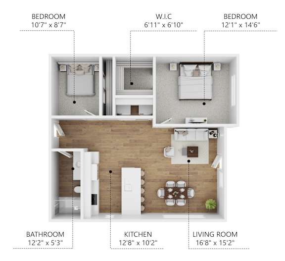 Floor Plan  A diagram shows the layout of a home with three bedrooms, a living room, a kitchen, and a bathroom.