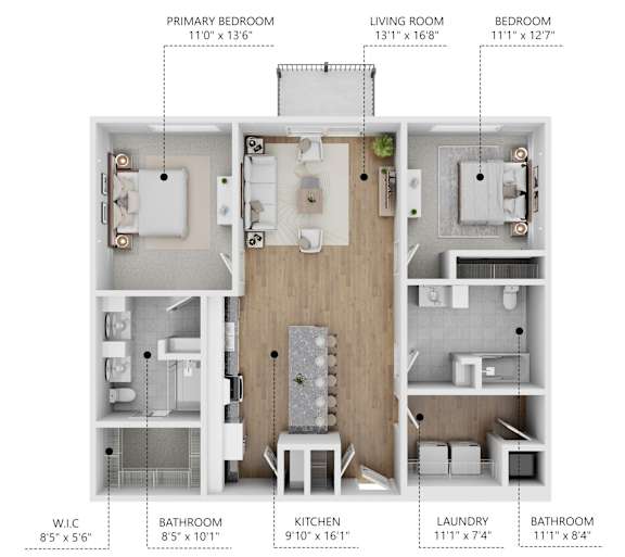 Floor Plan  A diagram shows the layout of a two-bedroom apartment with dimensions for each room.