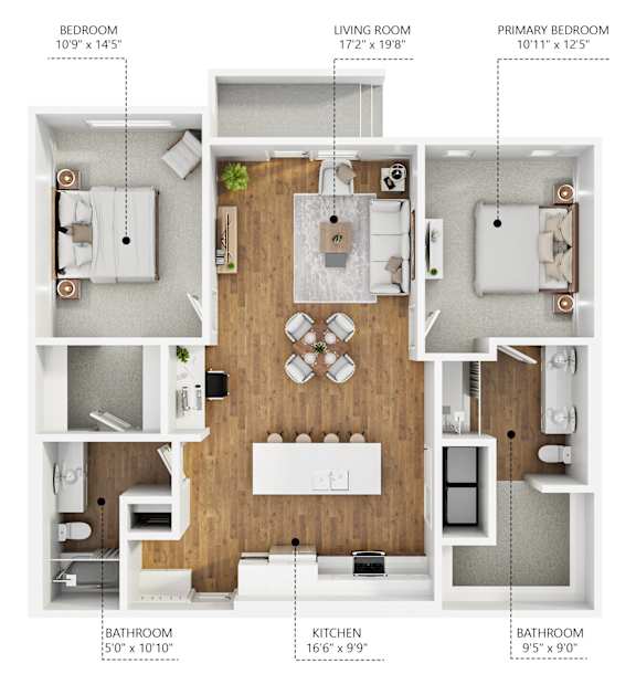 Floor Plan  A diagram shows the layout of an apartment with a living room, two bedrooms, a kitchen, and two bathrooms.