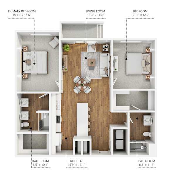 Floor Plan  A diagram shows the layout of a two-bedroom apartment with a living room, kitchen, and bathrooms.