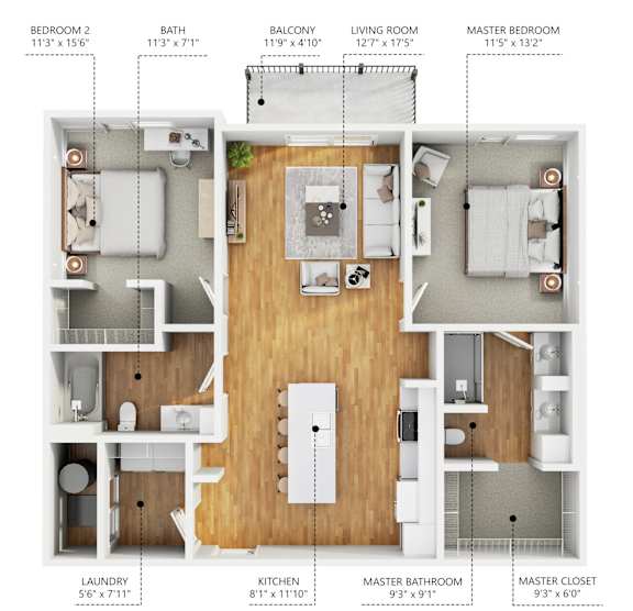 A diagram shows the layout of a two-bedroom apartment with dimensions for each room.