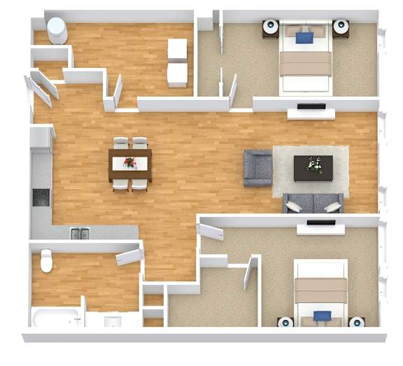A top-down view of a living room with a couch, chair, and television.