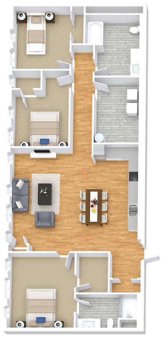 A floor plan of a two-story house with a living room, kitchen, and bedrooms.