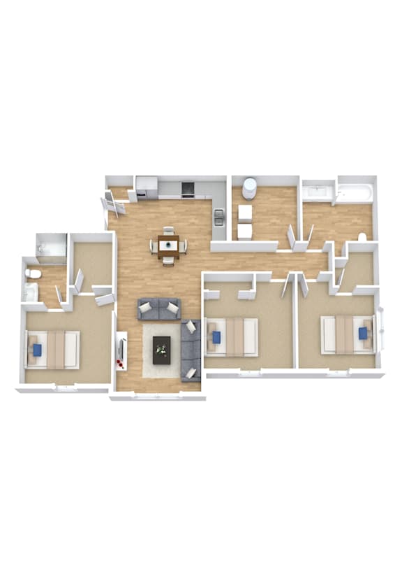 A floor plan of a two-story residential building with a living room, kitchen, dining room, and bedrooms.