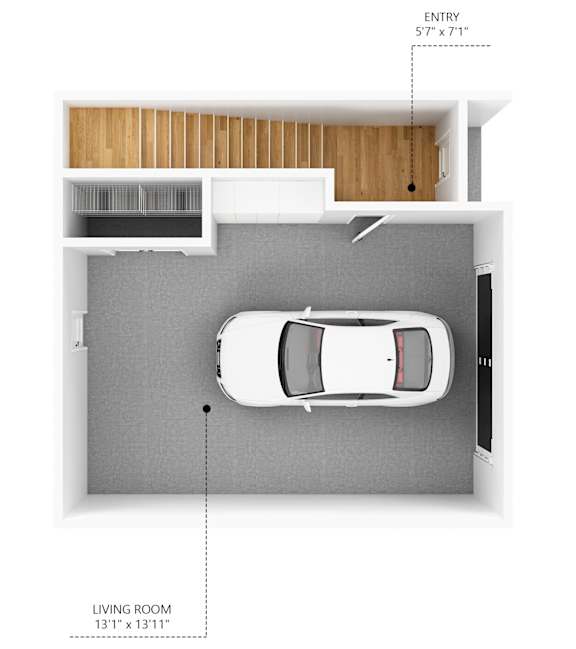 A diagram of a car in a living room with a door marked as entry.