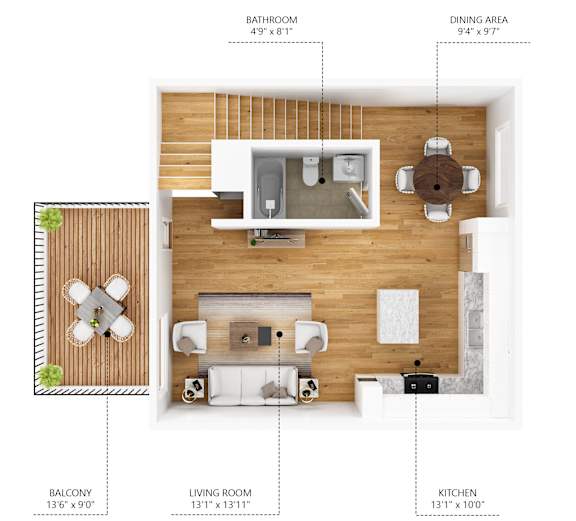 A floor plan of a small apartment with a living room, kitchen, dining area, and bathroom.