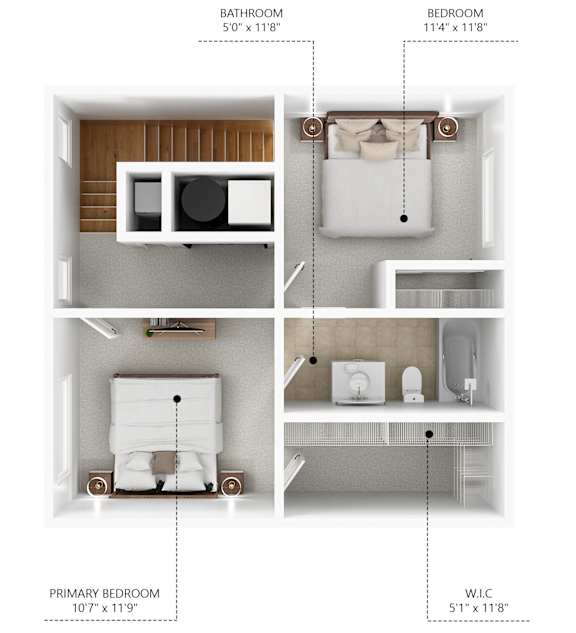 A diagram shows the layout of a small apartment with a bathroom, bedroom, and primary bedroom.