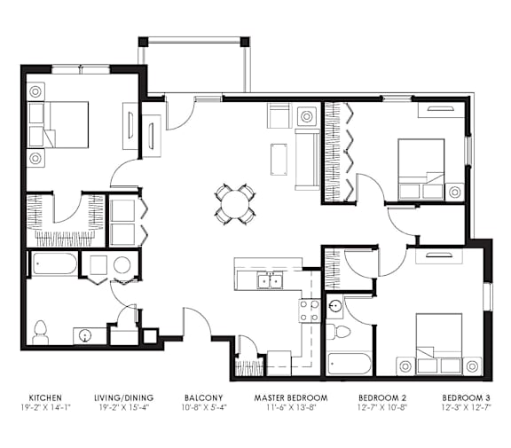 A black and white image of a floor plan for a house with labeled rooms.