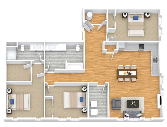 A floor plan of a house with a kitchen, living room, and bedrooms.