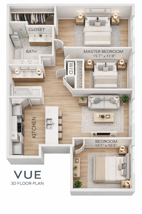 Floor Plan  A 3D floor plan of a VUE apartment showing a master bedroom, a bedroom, a kitchen, a bath, and a closet.