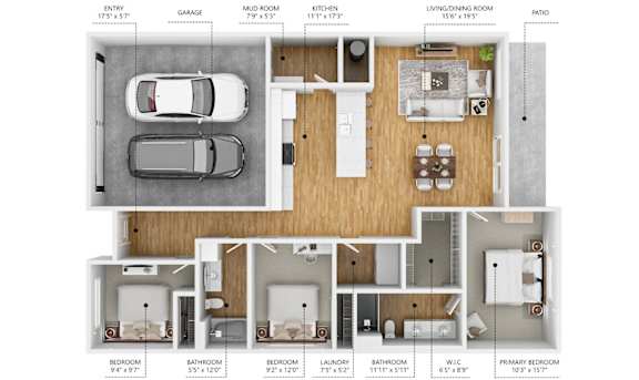 Floor Plan  A floor plan of a house with a garage, living room, kitchen, and multiple bedrooms.