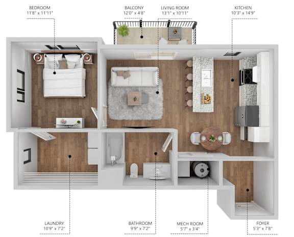 Floor Plan  A diagram shows the layout of an apartment with labeled rooms including a bedroom, balcony, living room, kitchen, laundry, bathroom, mech room, and foyer.