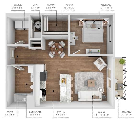 A floor plan of an apartment with a living room, kitchen, bathroom, and bedroom.