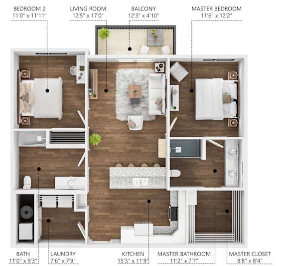 Floor Plan  A diagram shows the layout of a house with labeled rooms including Bedroom 2, Living Room, Balcony, Master Bedroom, Bath, Laundry, Kitchen, Master Bathroom, and Master Closet.