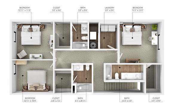 Floor Plan  A diagram shows the layout of a small apartment with two bedrooms, two bathrooms, a laundry area, and a closet.