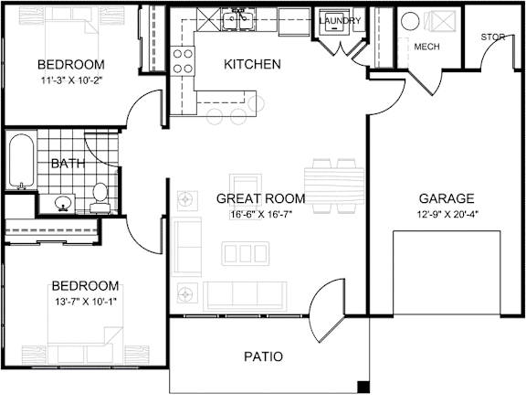 A black and white floor plan of a house with labeled rooms.