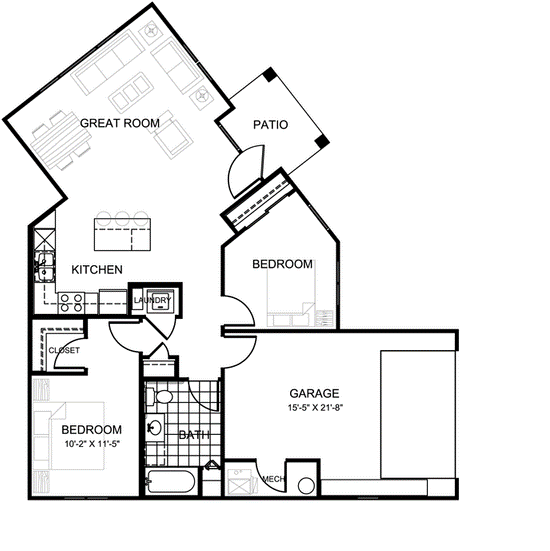 Floor Plan  A black and white image of a house floor plan with a great room, kitchen, two bedrooms, a garage, and a patio.
