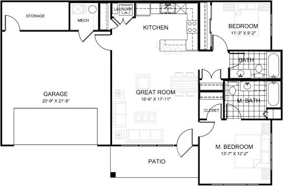 A floor plan of a house with a garage, two bedrooms, a kitchen, a laundry room, and a great room.