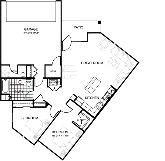 A black and white floor plan of a house with labeled rooms.