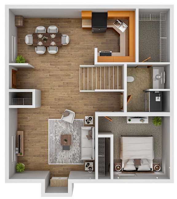Floor Plan  The first floor of the B2 floor plan at Autumn Park in Sioux Falls, South Dakota with 2 bedrooms and 2 bathrooms.