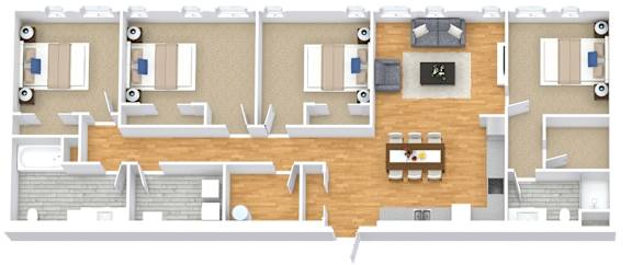 A floor plan of a house with a kitchen, living room, and dining area.