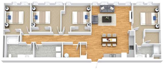 A floor plan of a house with a kitchen, living room, and two bedrooms.