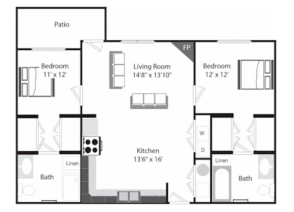 A black and white image of a house floor plan with a patio, two bedrooms, a living room, a kitchen, and two bathrooms.