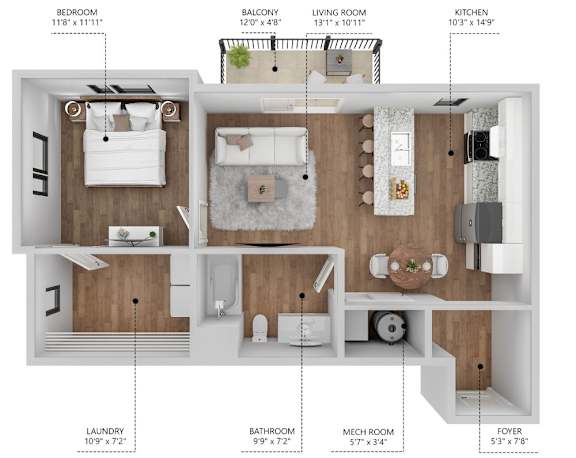 A diagram shows the layout of an apartment with labeled rooms including a bedroom, balcony, living room, kitchen, laundry, bathroom, mech room, and foyer with their respective dimensions.
