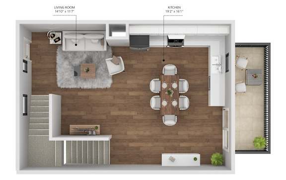 Floor Plan  A top down view of a kitchen and living room with a dining table in the middle.