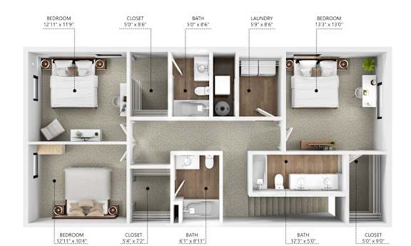 Floor Plan  A diagram shows the layout of a small apartment with two bedrooms, two bathrooms, a closet, and a laundry area.