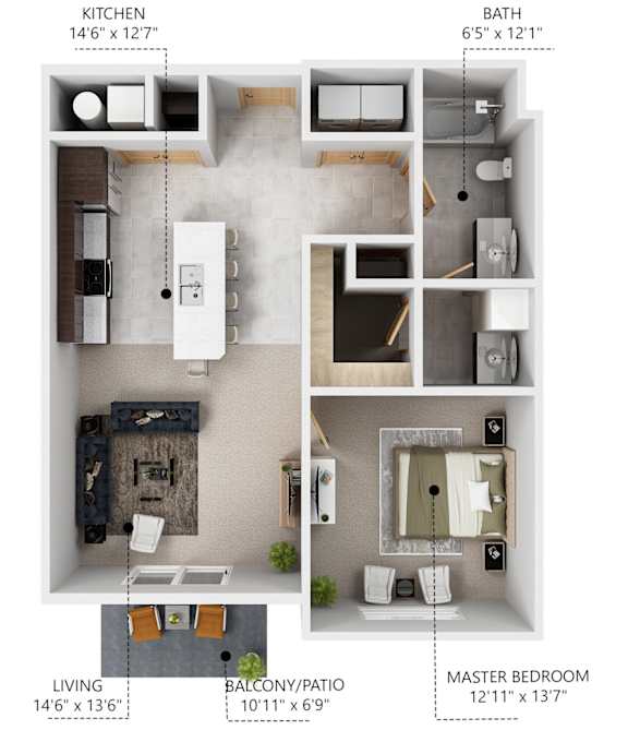 A1 1 bed 1 bath floor plan at Lake Shore Apartments in Ankeny, Iowa 50021