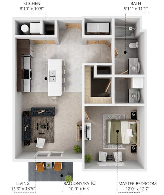 Floor Plan  A2 1 bedroom 1 bathroom floor plan at Lake Shore Apartments in Ankeny, Iowa 50021.