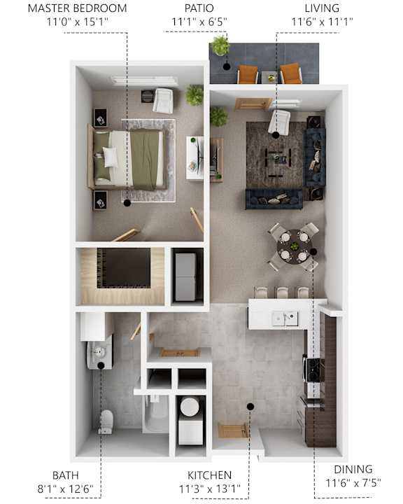 Floor Plan  A3 1 bedroom 1 bathroom floor plan at Lake Shore Apartments in Ankeny, Iowa 50021.