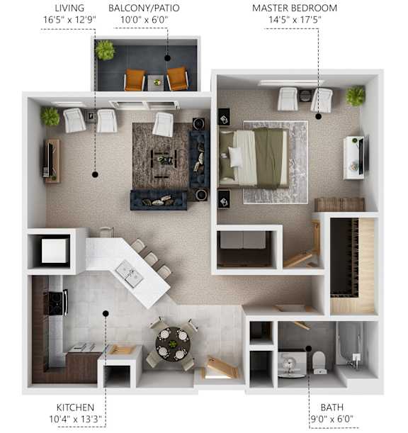Floor Plan  A5 1 bedroom 1 bathroom floor plan at Lake Shore Apartments in Ankeny, Iowa 50021.