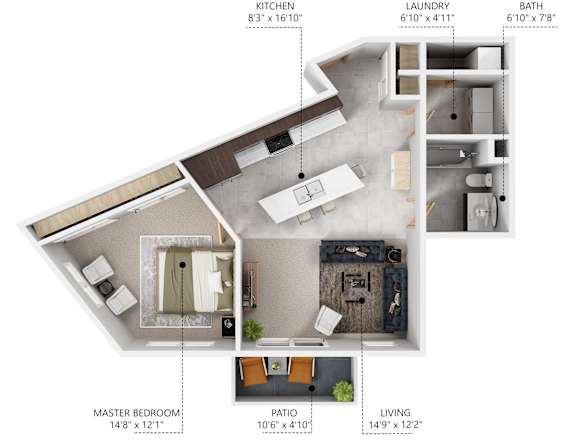 Floor Plan  A6 1 bedroom 1 bathroom floor plan at Lake Shore Apartments in Ankeny, Iowa 50021.