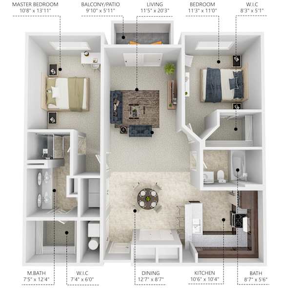 Floor Plan  B2 2 bedroom 2 bathroom floor plan at Lake Shore Apartments in Ankeny, Iowa 50021.