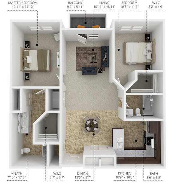 Floor Plan  B3 2 bedroom 2 bathroom floor plan at Lake Shore Apartments in Ankeny, Iowa 50021.