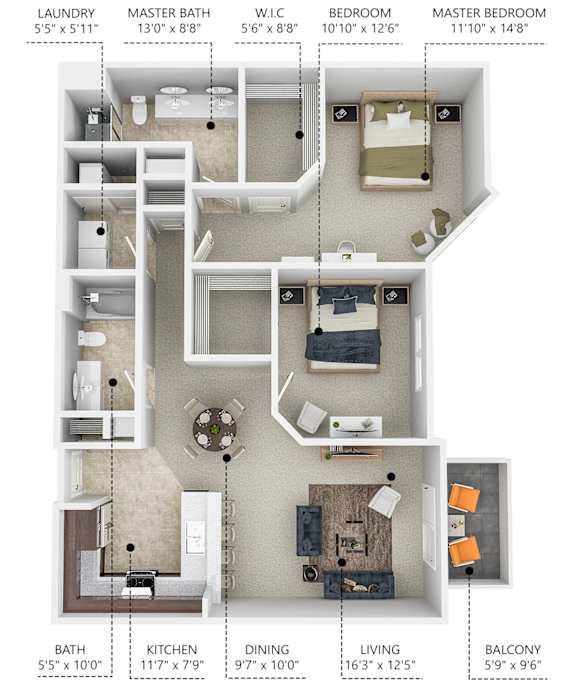 Floor Plan  B4 2 bedroom 2 bathroom floor plan at Lake Shore Apartments in Ankeny, Iowa 50021.