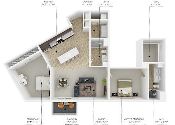Floor Plan  B5 2 bedroom 2 bathroom floor plan at Lake Shore Apartments in Ankeny, Iowa 50021.