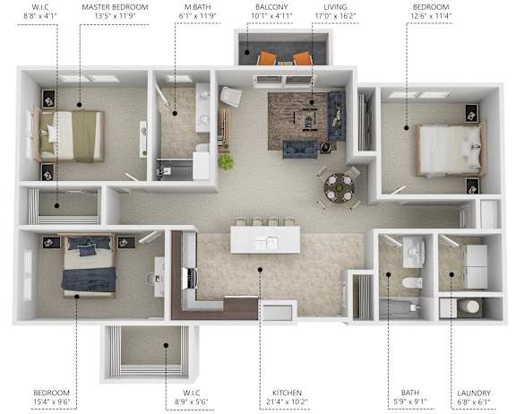 Floor Plan  C1 3 bedroom 2 bathroom floor plan at Lake Shore Apartments in Ankeny, Iowa 50021.