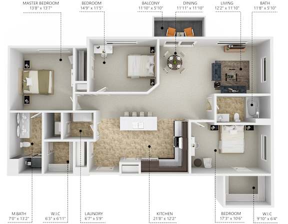 Floor Plan  C2 3 bedroom 2 bathroom floor plan at Lake Shore Apartments in Ankeny, Iowa 50021.