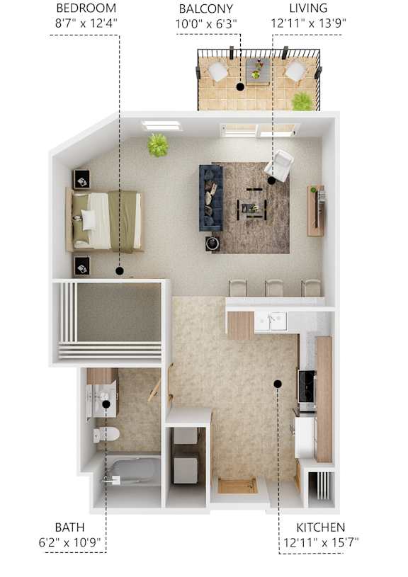 A diagram of a small apartment with a living room, kitchen, bathroom, and bedroom.