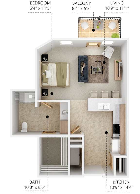 Floor Plan  S2 Studio apartment at Lake Shore Apartments in Ankeny, Iowa 50021.
