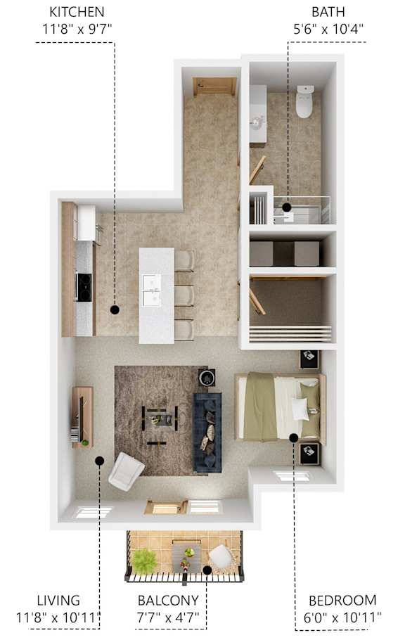 S1 studio floor plan at Lake Shore Apartments in Ankeny, Iowa 50021.