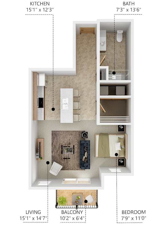 Floor Plan  S5 studio floor plan at Lake Shore Apartments in Ankeny, Iowa 50021.