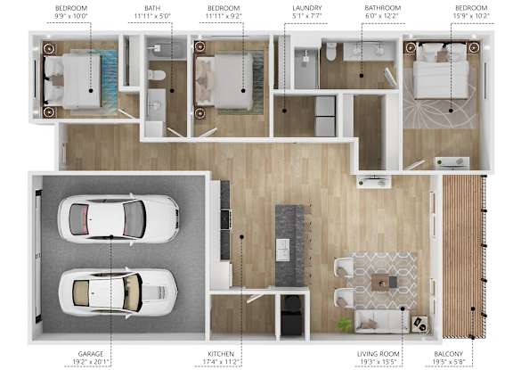 Floor Plan  A floor plan of a house with a living room, kitchen, garage, and four bedrooms.