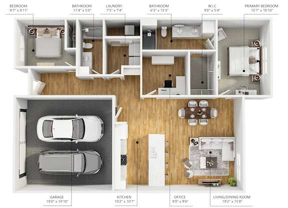 A floor plan of a house with a living room, two bedrooms, two bathrooms, a laundry room, a garage, a kitchen, and an office.
