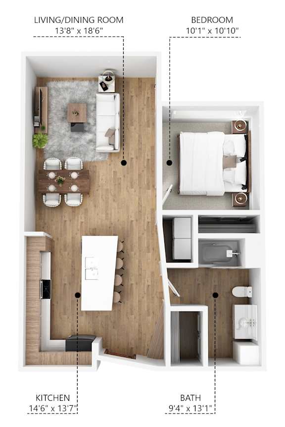 A diagram of a small apartment showing the layout of the living/dining room, kitchen, bedroom, and bathroom.