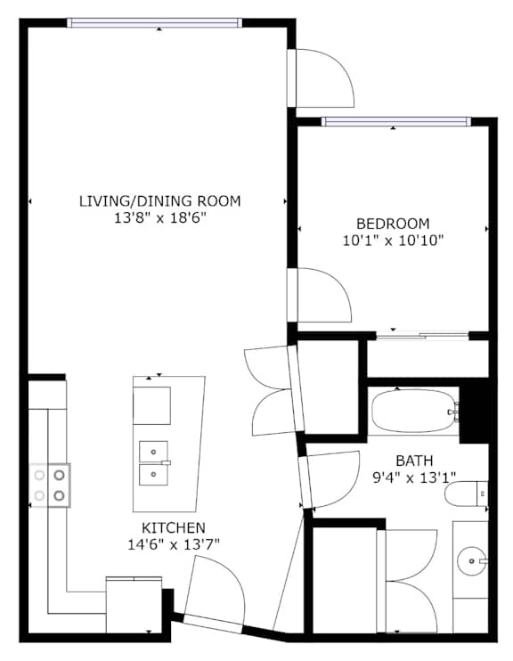 A black and white image of a floor plan for a living/dining room, bedroom, bathroom, and kitchen.