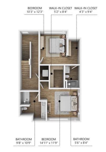 A diagram of a house layout with three bedrooms, two bathrooms, and two walk-in closets.